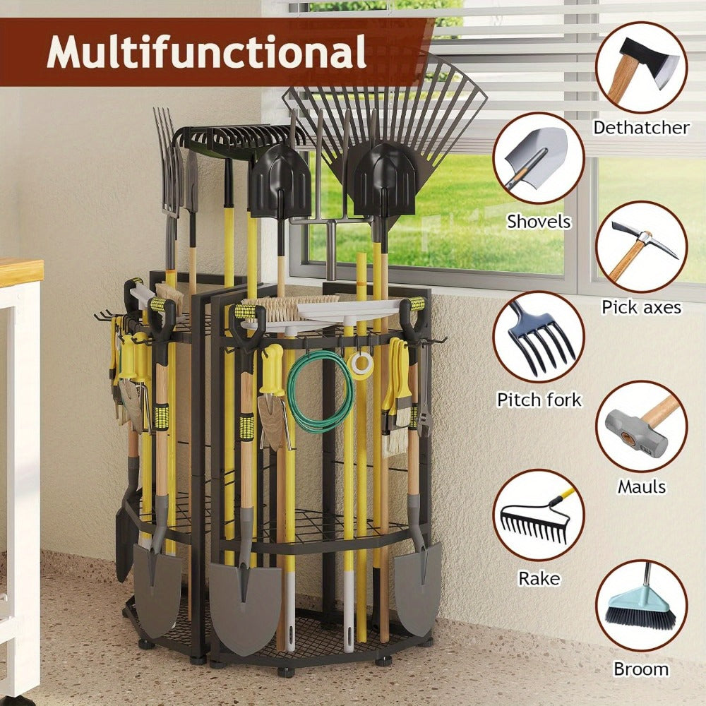 Wall Mount Tool Organizer Rack - Metal Garden Tool Storage with Hooks for Shovels, Rakes & Long-Handled Tools