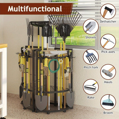 Wall Mount Tool Organizer Rack - Metal Garden Tool Storage with Hooks for Shovels, Rakes & Long-Handled Tools