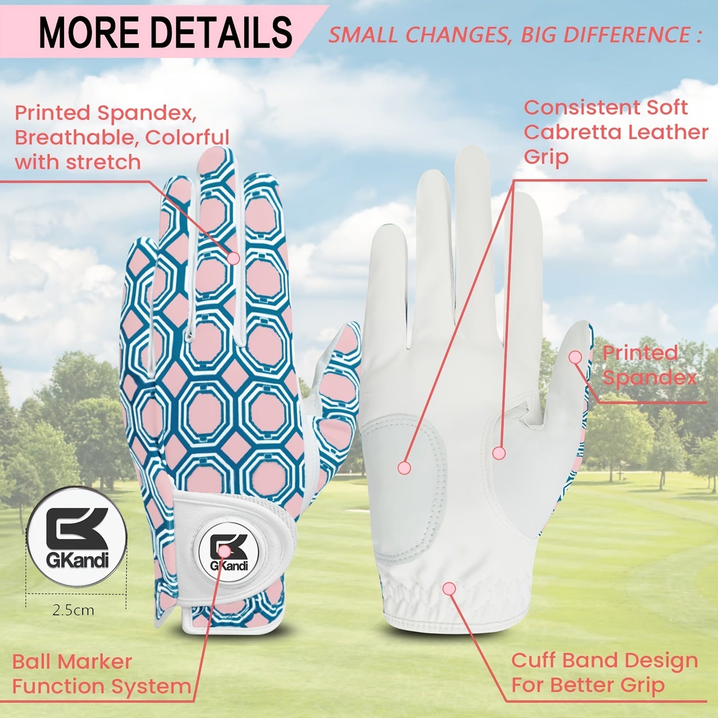 Women's Golf Gloves Left Hand with Ball Marker – All-Weather Grip Leather Golf Glove for Ladies Right-Handed Golfers, Colorful Design