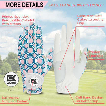 Women's Golf Gloves Left Hand with Ball Marker – All-Weather Grip Leather Golf Glove for Ladies Right-Handed Golfers, Colorful Design