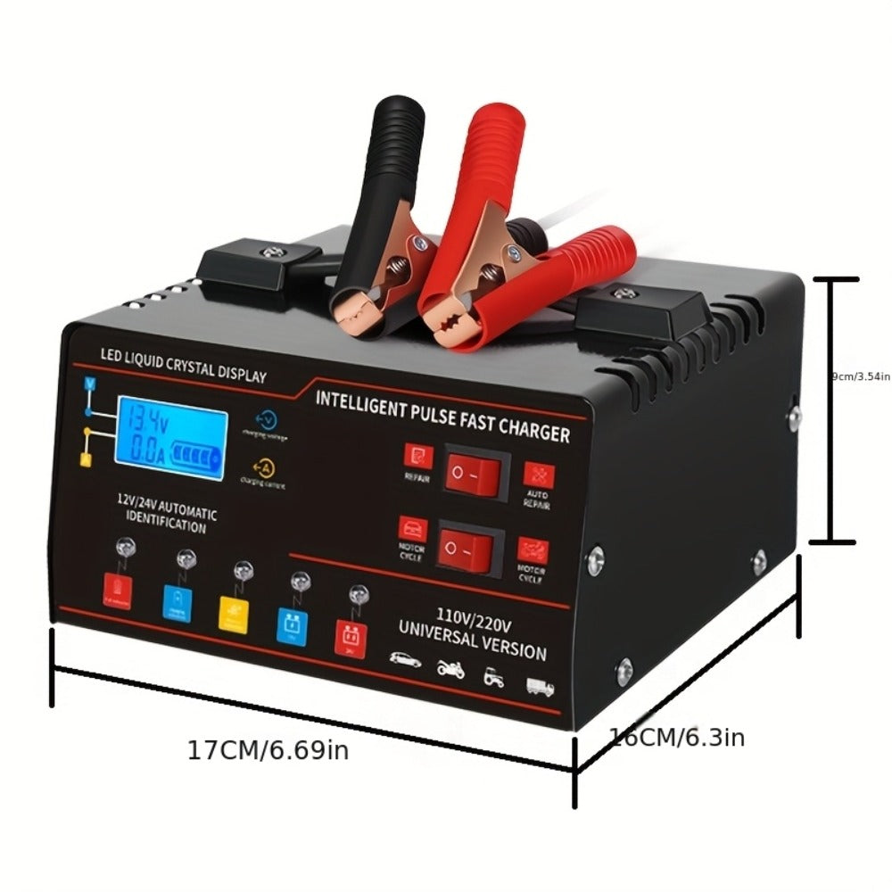 AF01 12 V and 24 V Battery Charger with LCD Display, Alligator Clamps, Carry Handle and Cooling Fan
