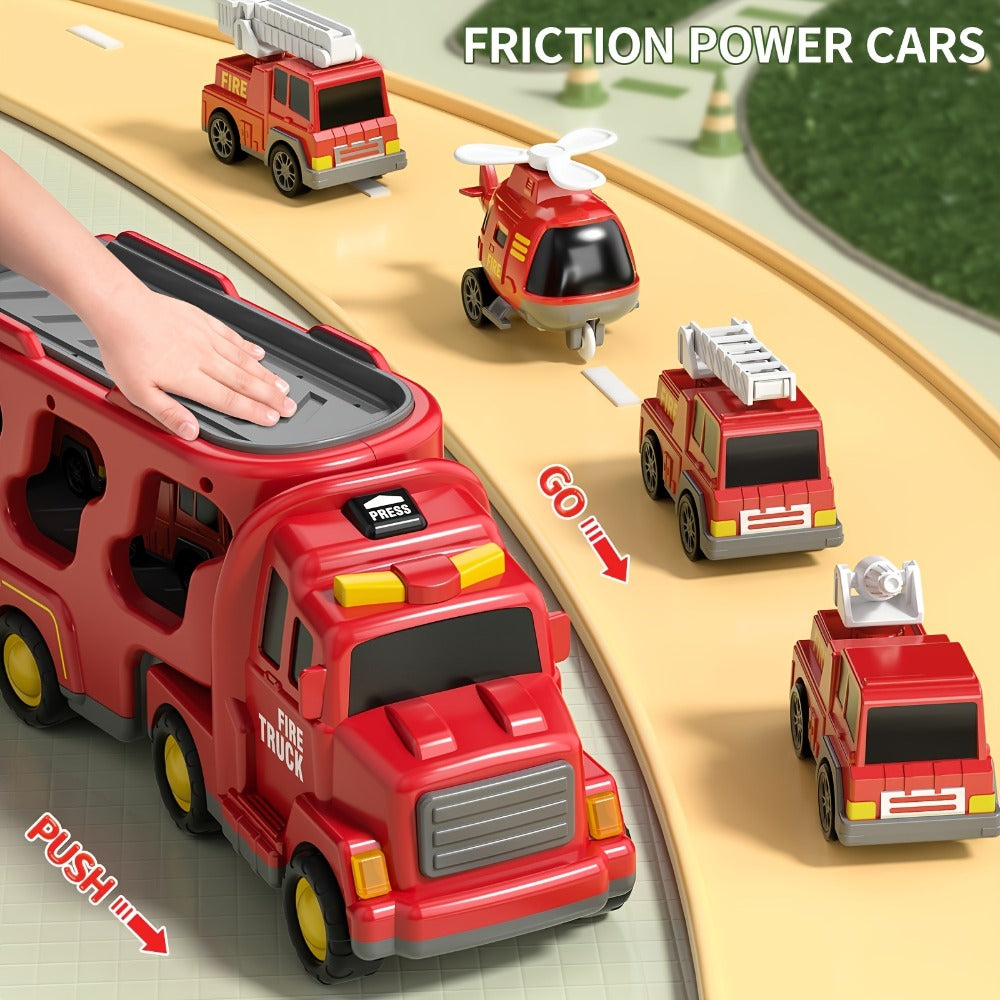 5-in-1 Fire Truck Playset for Kids 3-9, Friction Powered Interchangeable Rescue Vehicles Set with Carrier Truck