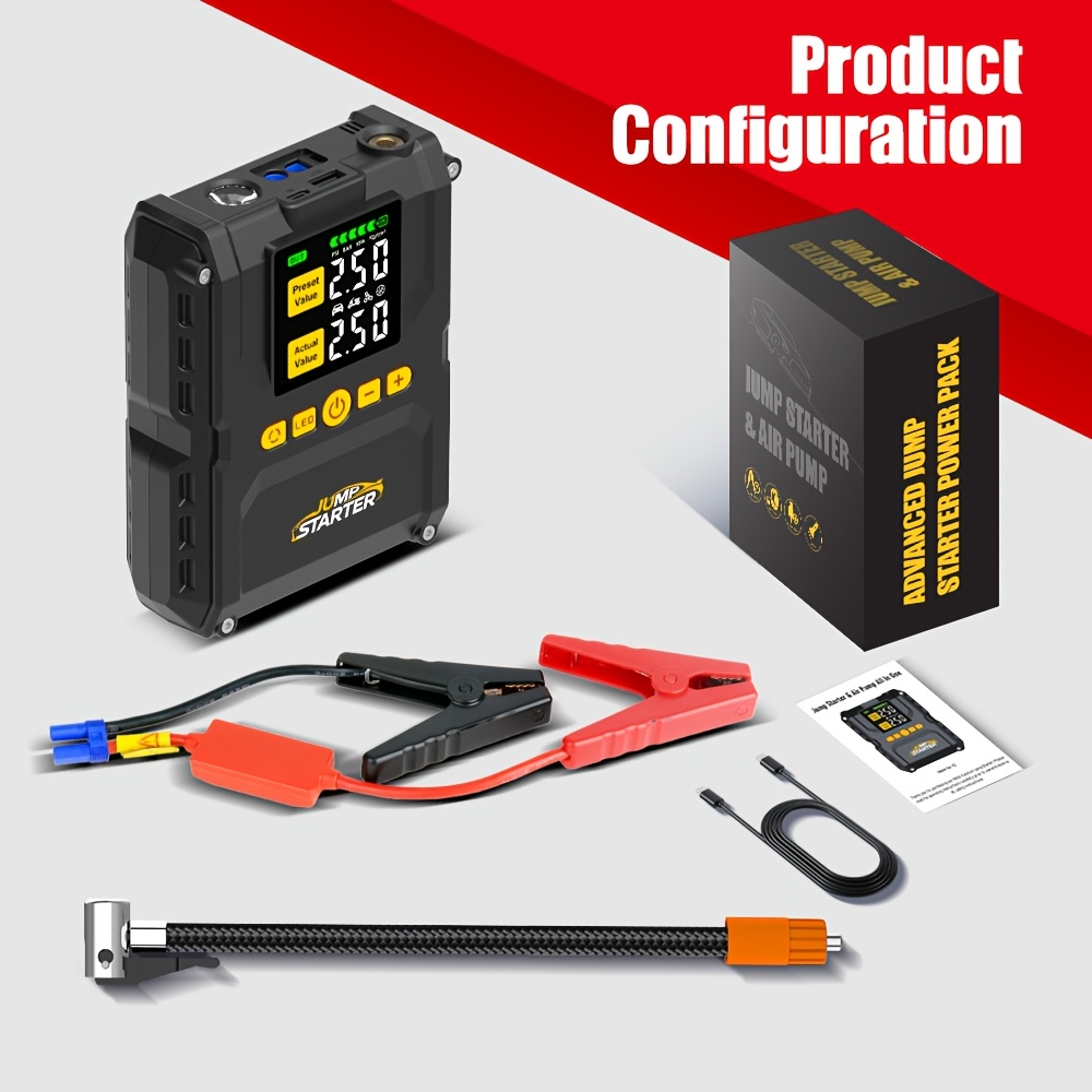 6500A Jump Starter with 150PSI Built-in Air Compressor QC3.0 USB-A USB-C LED Flashlight Smart Safety for Garden, Patio and Yard Use