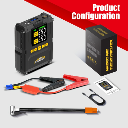 6500A Jump Starter with 150PSI Built-in Air Compressor QC3.0 USB-A USB-C LED Flashlight Smart Safety for Garden, Patio and Yard Use