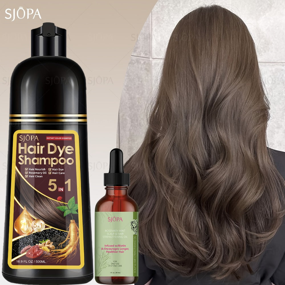 Gray Coverage Hair Dye Shampoo Kit 3-in-1 with Rosemary Hair Oil - Quick Color, Gentle & Natural Formula for Men & Women
