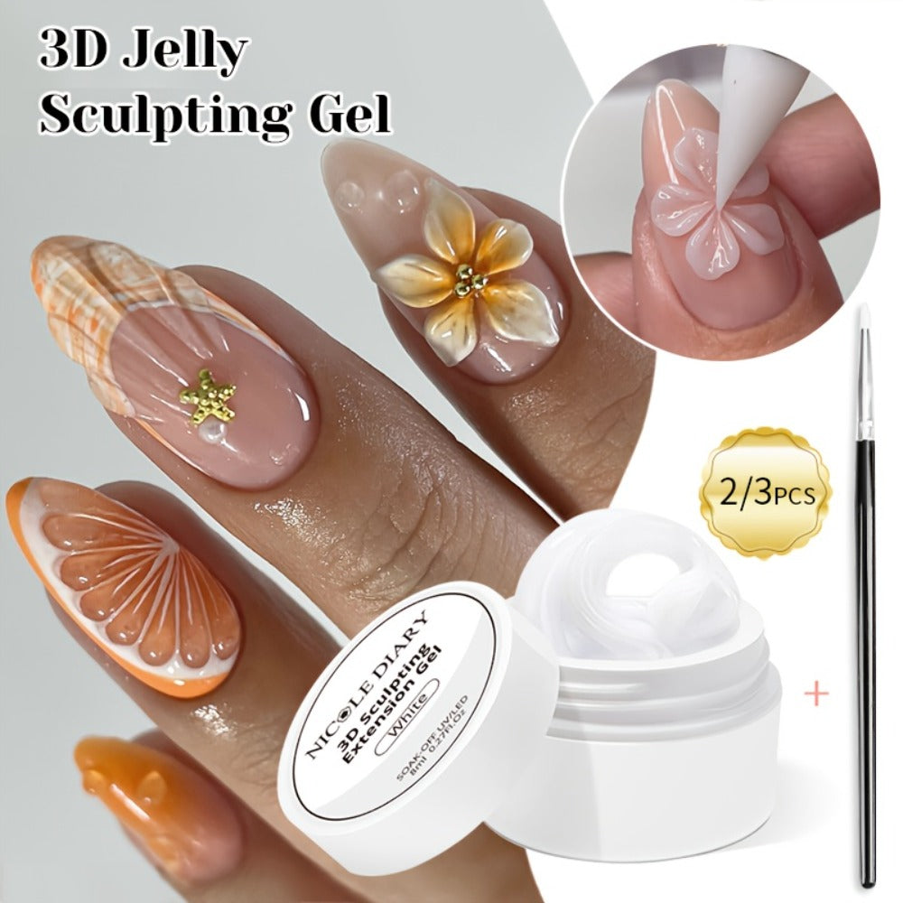 3D Sculpting Builder Gel Kit with Carving Pen – Clear & White Nail Extension Gel for Floral Nail Art, Acrylic Extensions & DIY Salon