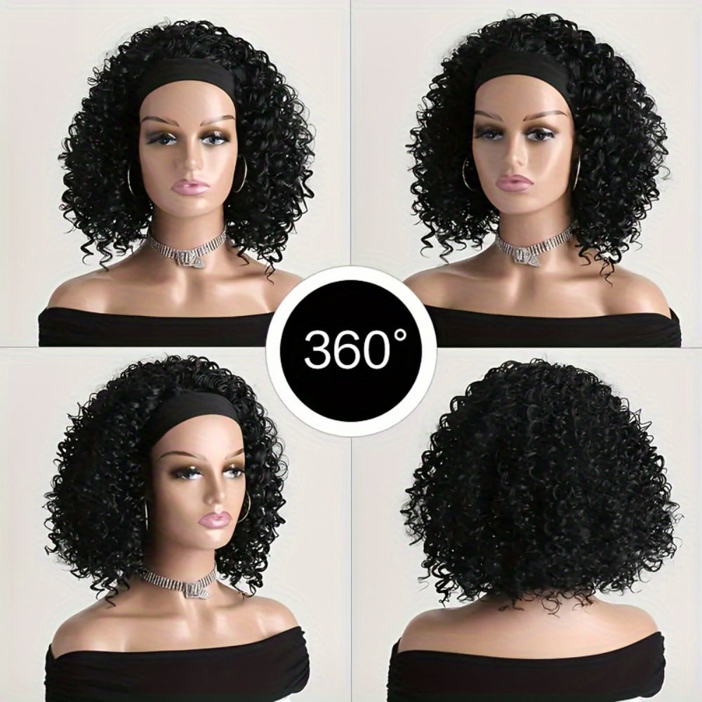 Headband Wig Curly Wavy for Women Black Synthetic Glueless No Lace – Elastic Cap Heat Resistant Beginner Friendly for Daily Wear Party