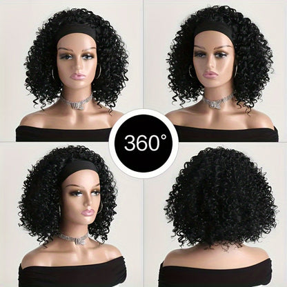 Headband Wig Curly Wavy for Women Black Synthetic Glueless No Lace – Elastic Cap Heat Resistant Beginner Friendly for Daily Wear Party