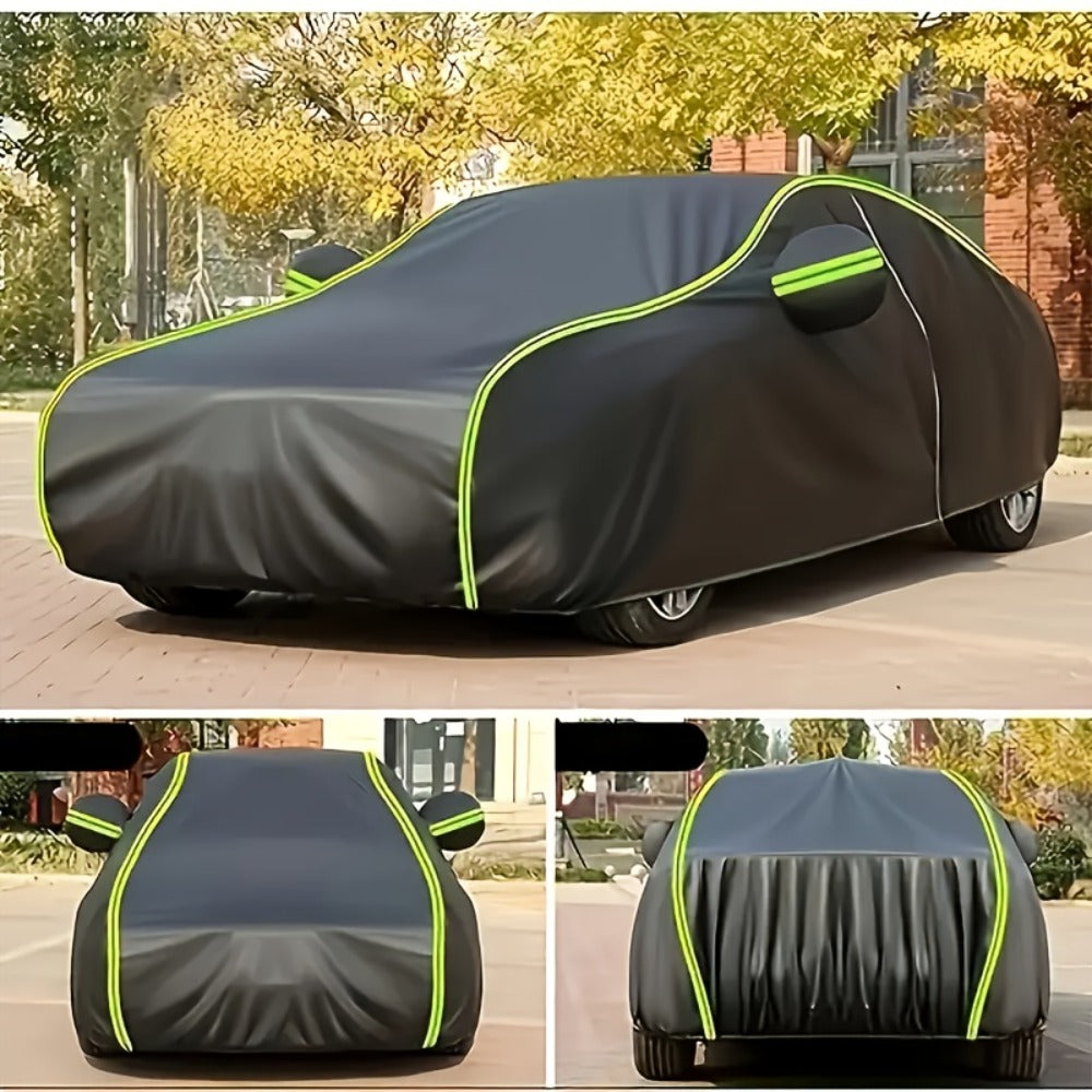 Black Full Car Cover with Green Reflective Trim in Six Sedan or SUV Sizes from 490 x 180 x 150 to 540 x 200 x 185 cm