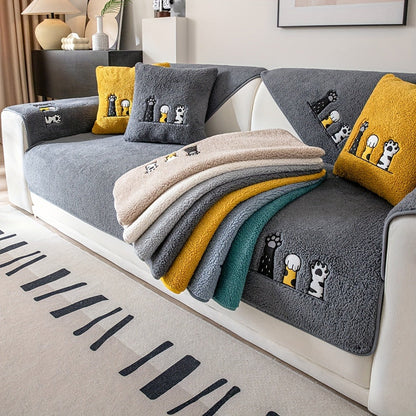 Sofa Cover, Sherpa Plush Cat-Paw Embroidered Seat Pad with Backing Detail in Four Colors and Seven Sizes