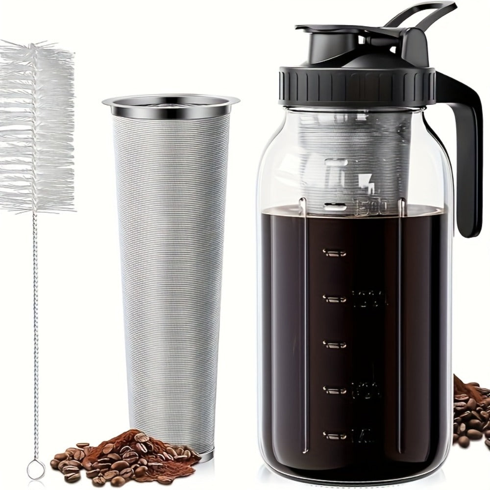 Cold Brew Coffee Maker with Stainless Steel Filter & Cleaning Brush – Large Capacity Glass Mason Jar Pitcher for Home, Kitchen