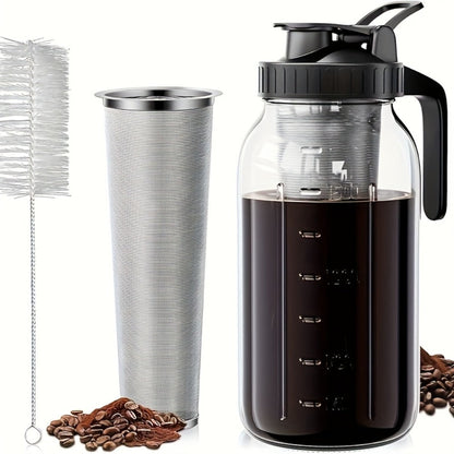 Cold Brew Coffee Maker with Stainless Steel Filter & Cleaning Brush – Large Capacity Glass Mason Jar Pitcher for Home, Kitchen