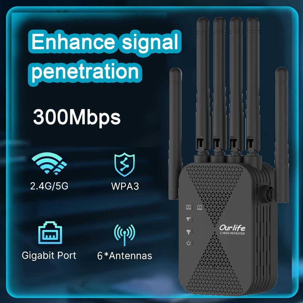 WiFi Range Extender Ourlife 1800Mbps Dual-Band 2.4/5GHz with Six Antennas and Five Source Editions