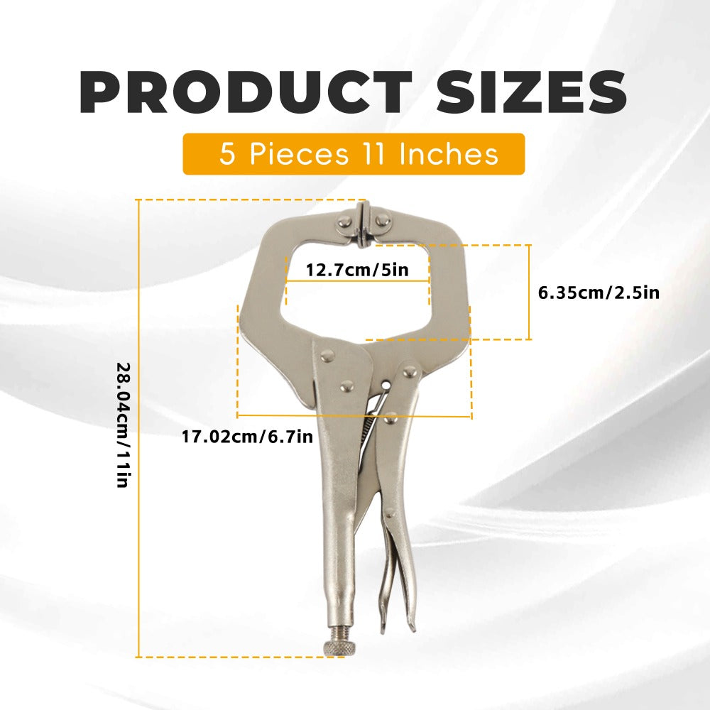 Locking C Clamp Set 5-Piece 11-Inch, Adjustable Vise Grip Pliers with Swivel Pad Jaws, Heat-Treated Alloy Steel