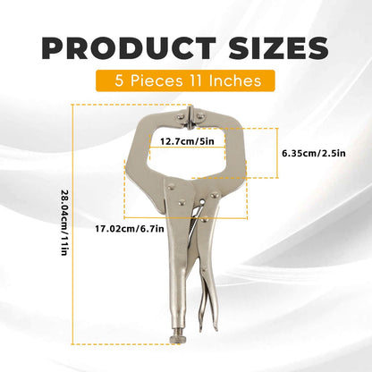 Locking C Clamp Set 5-Piece 11-Inch, Adjustable Vise Grip Pliers with Swivel Pad Jaws, Heat-Treated Alloy Steel