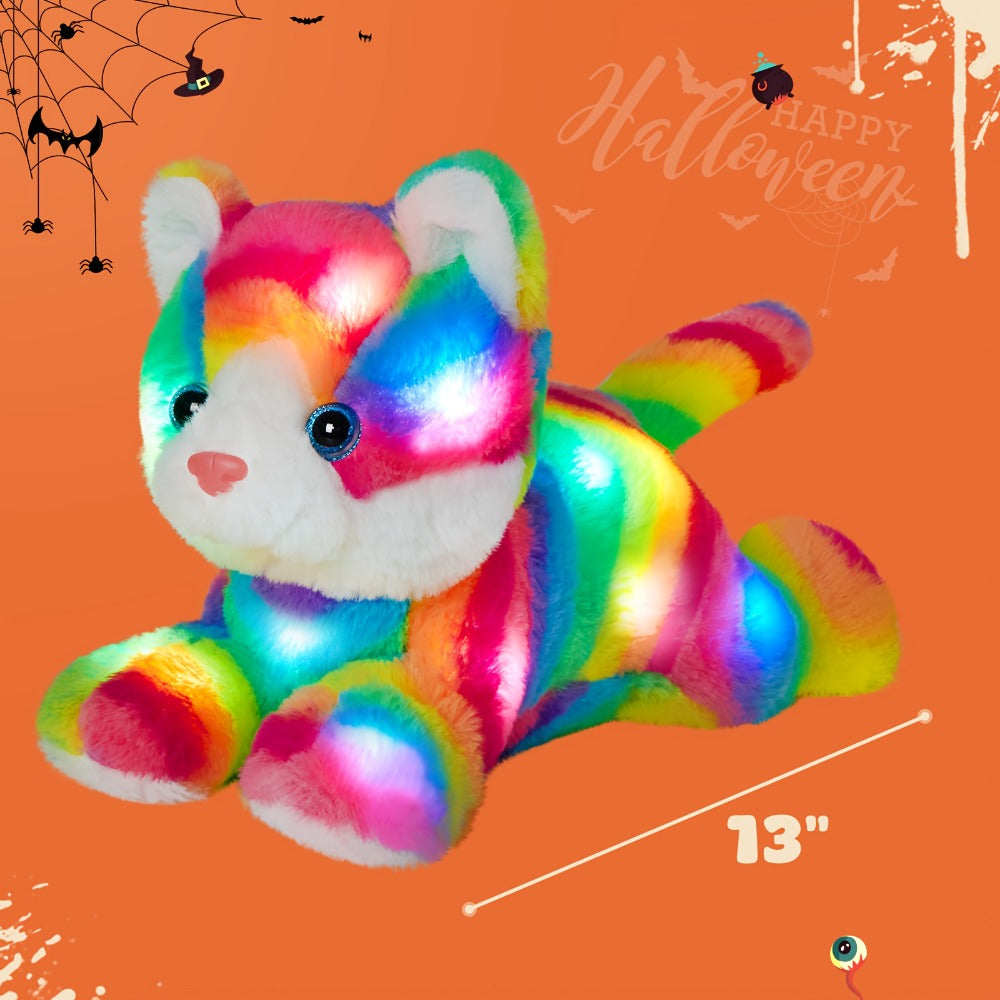 Plush Toy Rainbow Cat with LED Glow and Optional Music for Colorful Kawaii Room Display and Gifting