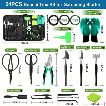 Bonsai Tool Set 24-Piece Kit for Beginners & Enthusiasts, Includes Pruning Shears, Scissors, Trimming Tools & PU Leather Bag