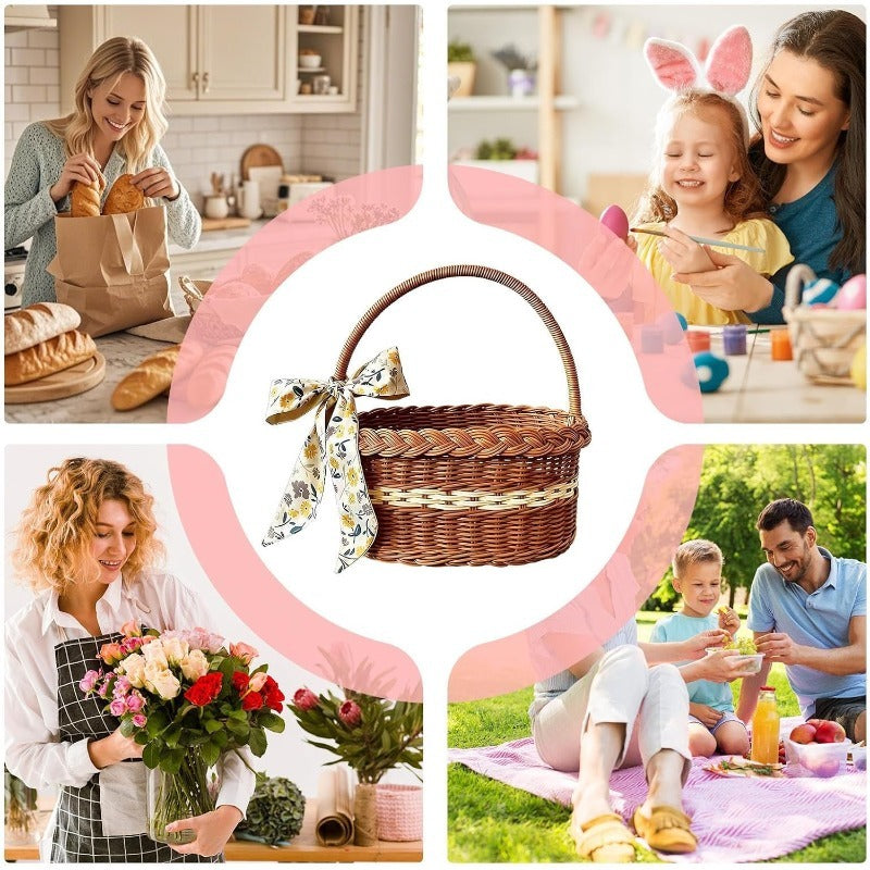 Wicker Easter Basket with Handle – Large Hand Woven Retro Basket with Ribbon for Easter Egg Hunt, Picnic, Outdoor Camping