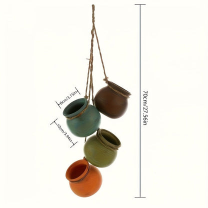 Hanging Planters Set of 4 Bohemian Geometric Porcelain Pots with Hemp Rope