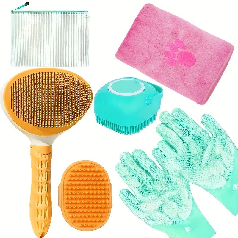Dog Grooming Kit Set 6pcs – Pet Brush, Microfiber Towel, Washing Gloves & Shedding Tool, No Power Required