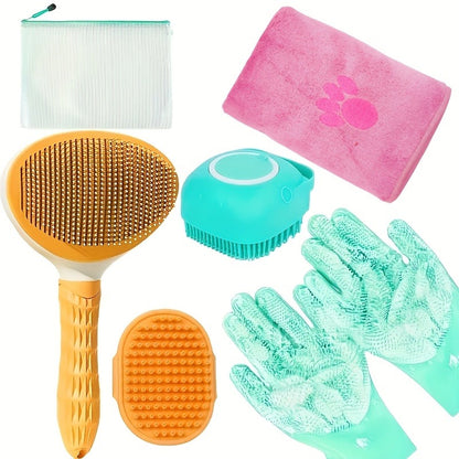 Dog Grooming Kit Set 6pcs – Pet Brush, Microfiber Towel, Washing Gloves & Shedding Tool, No Power Required