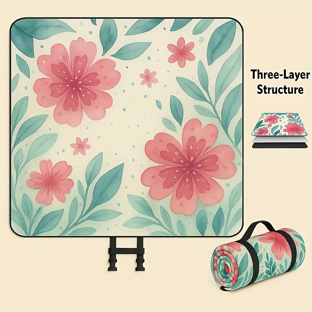 Padded Foldable Picnic Blanket with Floral Pattern for Beach Trips, Park Outings, Camping and Everyday Travel