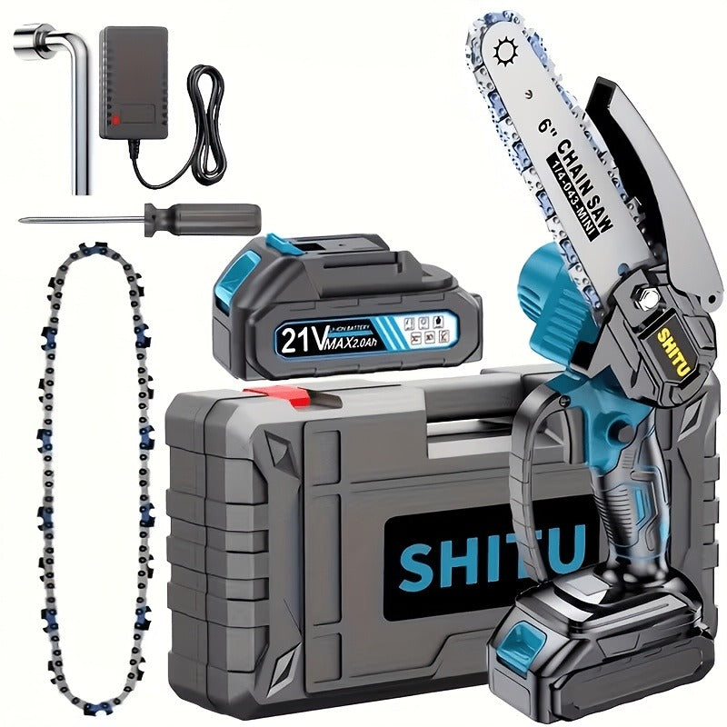 Handheld Electric Chainsaw, Mini Cordless Portable Tree Cutter with Splash Guard, Security Lock, Rechargeable Battery Options