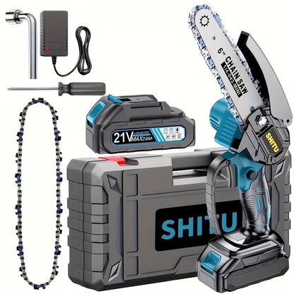 Handheld Electric Chainsaw, Mini Cordless Portable Tree Cutter with Splash Guard, Security Lock, Rechargeable Battery Options