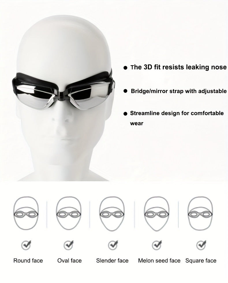 Anti-Fog Racing Swim Goggles Set 6-in-1 – HD UV Protection Silver Coated PC Lens, Waterproof PU Swim Cap, Nose Clip, Earplugs