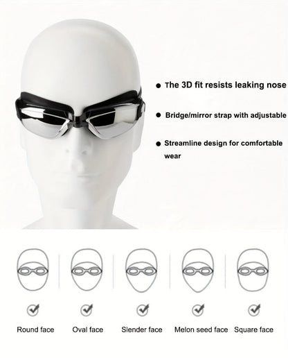 Anti-Fog Racing Swim Goggles Set 6-in-1 – HD UV Protection Silver Coated PC Lens, Waterproof PU Swim Cap, Nose Clip, Earplugs