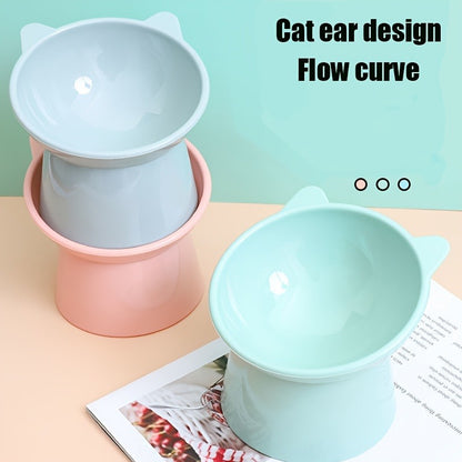 Cat Ear Shaped Raised Cat Bowls Set of 3 – Elevated Feeder Anti-Slip Base Neck Comfort Design, Pink Green Blue Feeding Dish for Cats