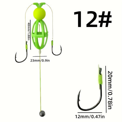 Fishing Hook Cage Set 3pcs Anti-Snag Double Hook Rig with Non-Twist Explosive & Flip Hooks – Carbon Steel Green Lure Fishing Bottom Hanging