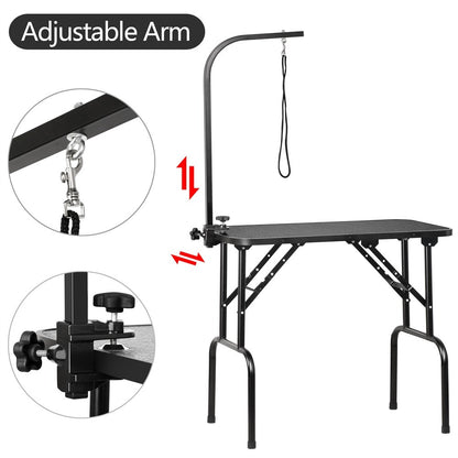 Pet Grooming Table Foldable with Height Adjustable Arm – Non-Slip Waterproof Surface, Folding Legs, Sturdy Metal Frame