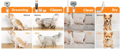 Dog Grooming Vacuum 8-in-1 & 9-in-1 with Dryer Function – 2.2L Large Cup, Low Noise Pet Grooming Vacuum for Shedding, 6 Grooming Tools