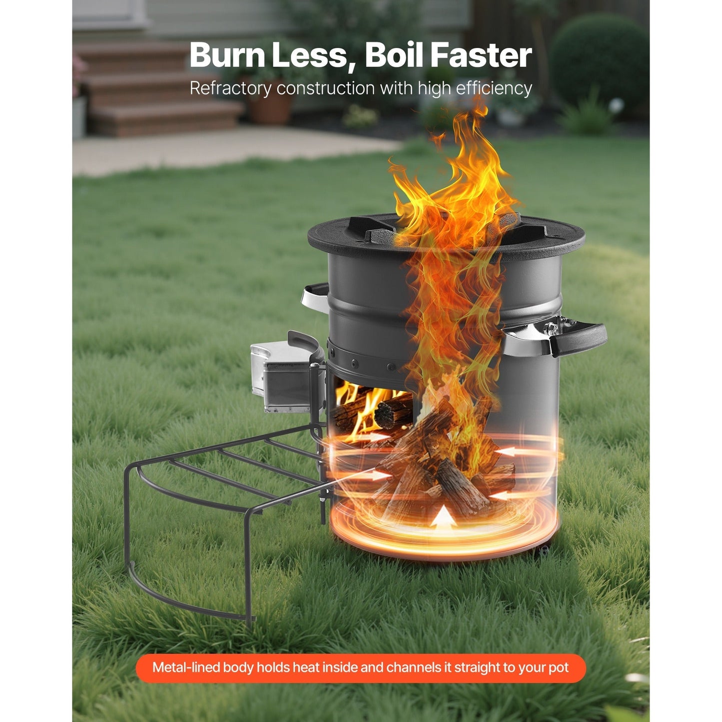Wood Burning Rocket Stove Portable Camping Stove with Cast Iron Top, Double Door, Fireproof Lining