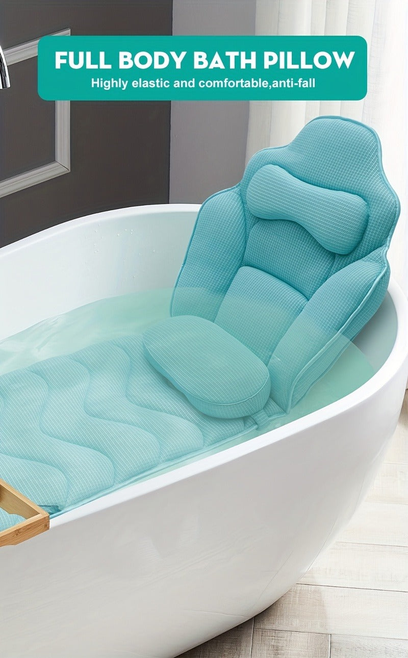 Full-Body Bathtub Cushion in 60 × 21.7-Inch Size with Aqua Mesh, Raised Headrest and Lumbar Pad