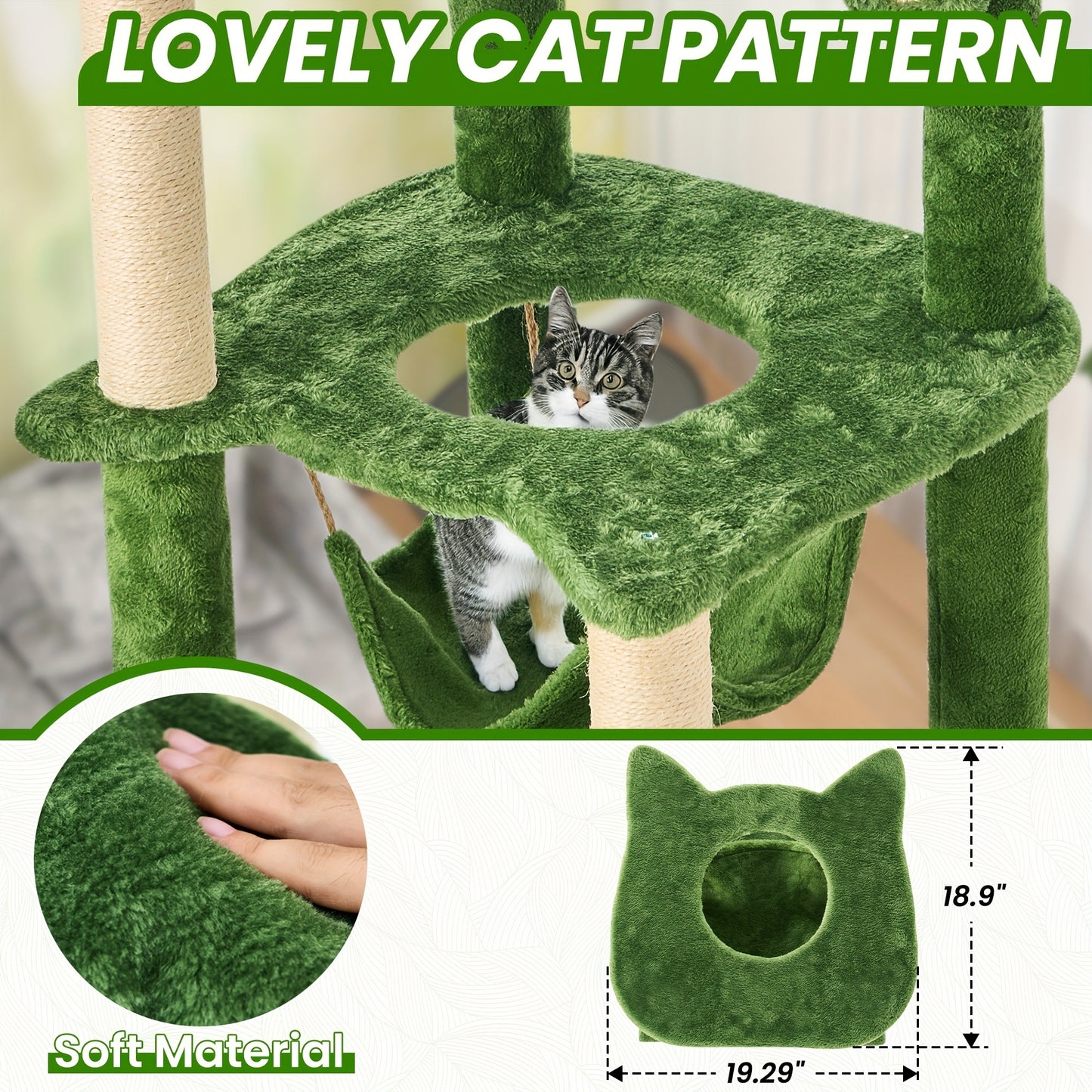 Cat Tree 55" Large Multi-Level Cat Tower for Indoor Cats with Green Leaves, Hammock, Sisal Scratching Posts & Hanging Ball Toy