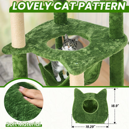 Cat Tree 55" Large Multi-Level Cat Tower for Indoor Cats with Green Leaves, Hammock, Sisal Scratching Posts & Hanging Ball Toy