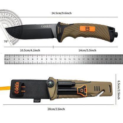 Fixed Blade Outdoor Camping Knife 9.64 Inch Stainless Steel, Survival Hunting Knife with Flint Fire Starter Night Light Sharpener Safety