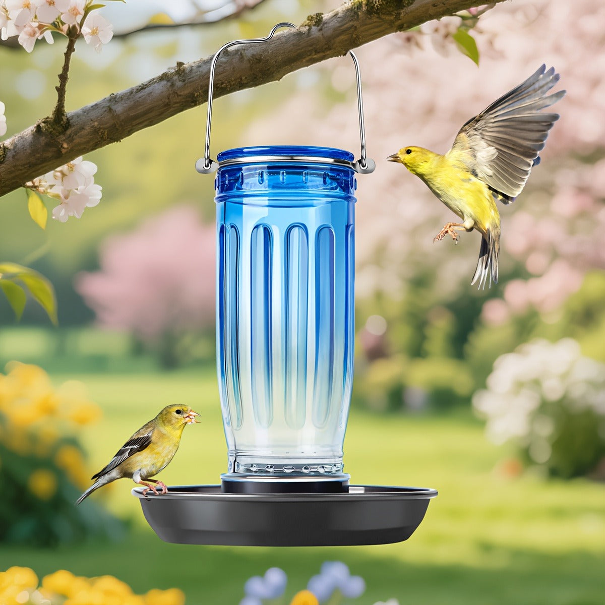 Bird Waterer Outdoor Hanging Glass Wild Bird Water Dispenser with Metal Handle – Gravity Fed Garden Yard Patio Tree Bird Feeder