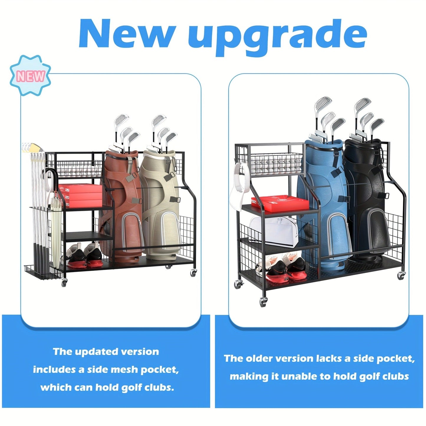 Golf Bag Storage Rack & Organizer for Garage – Extra Large Golf Club Holder Stand for 2 Bags, Heavy Duty Golf Equipment Accessories