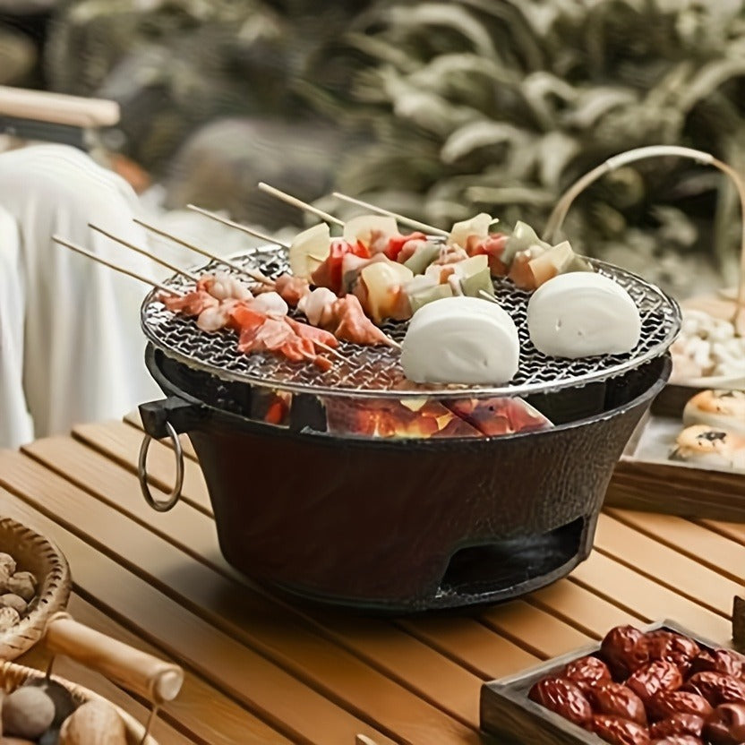 10.6-Inch Round Charcoal Grill Set with Cast-Iron Body, Cooking Grid, Wooden Base and Tongs