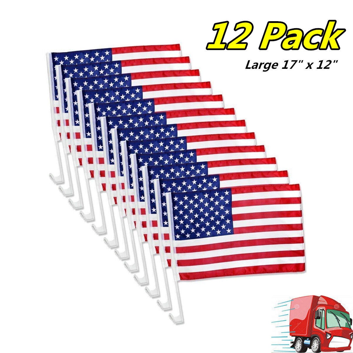 American Flag Car Window Clips 12 Pack USA Patriotic Car Flags 17x12 Inch Double Sided Knitted Polyester Weather Resistant for Parades