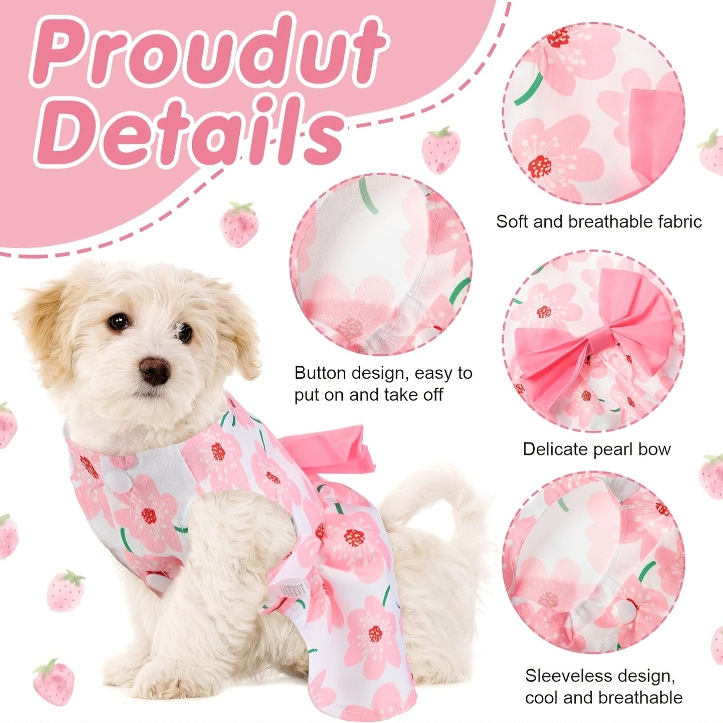 Dog Dress Floral Princess Bow – Cute Puppy Summer Dress for Small Dogs & Cats, Pink & Red Pet Dog Skirt with Bow Decoration