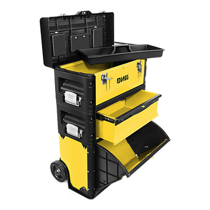 Rolling Tool Box 3-Tier Stackable Portable Toolbox with Wheels 19.5x12x28.5 Inch Steel PP 3-in-1 Detachable Compartments Metal Latches