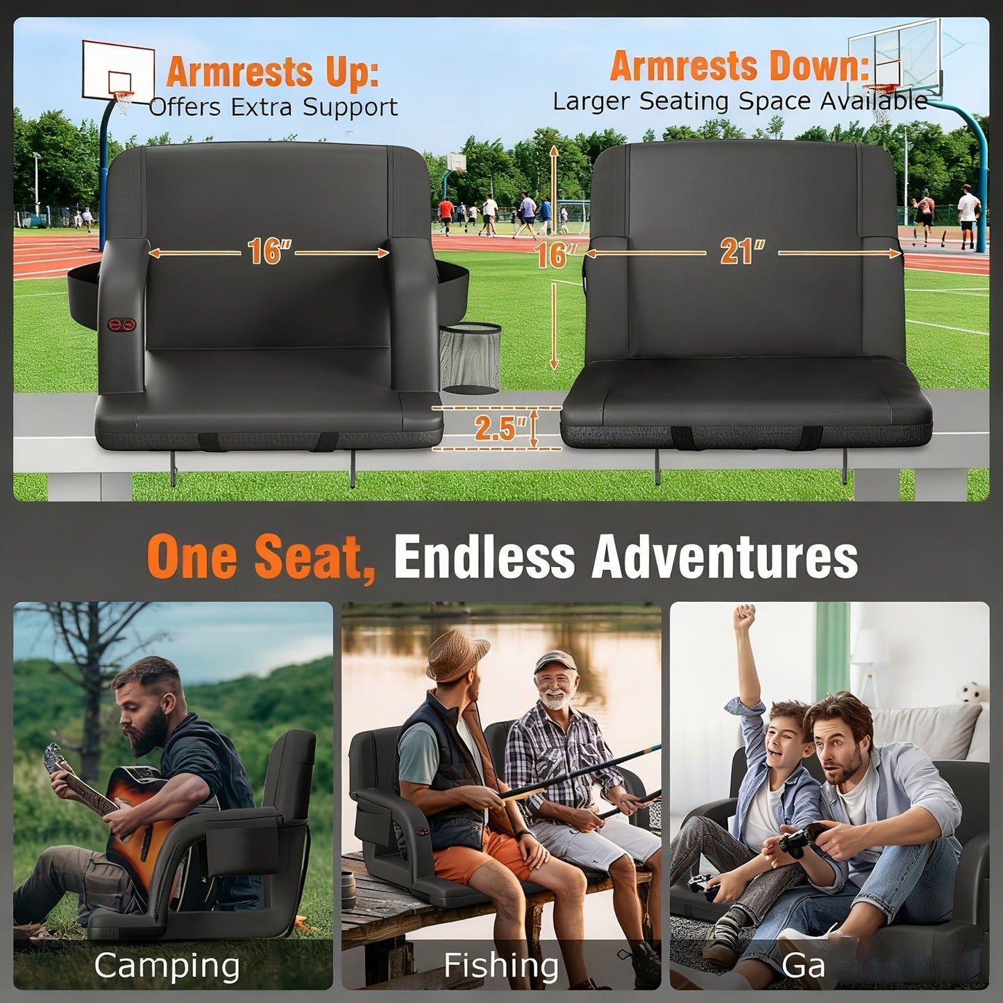 Heated Stadium Seat with Back Support for Bleachers 6 Reclining Positions 3 Heat Levels Dual-Zone USB Heated Bleacher Chair with 5 Storage