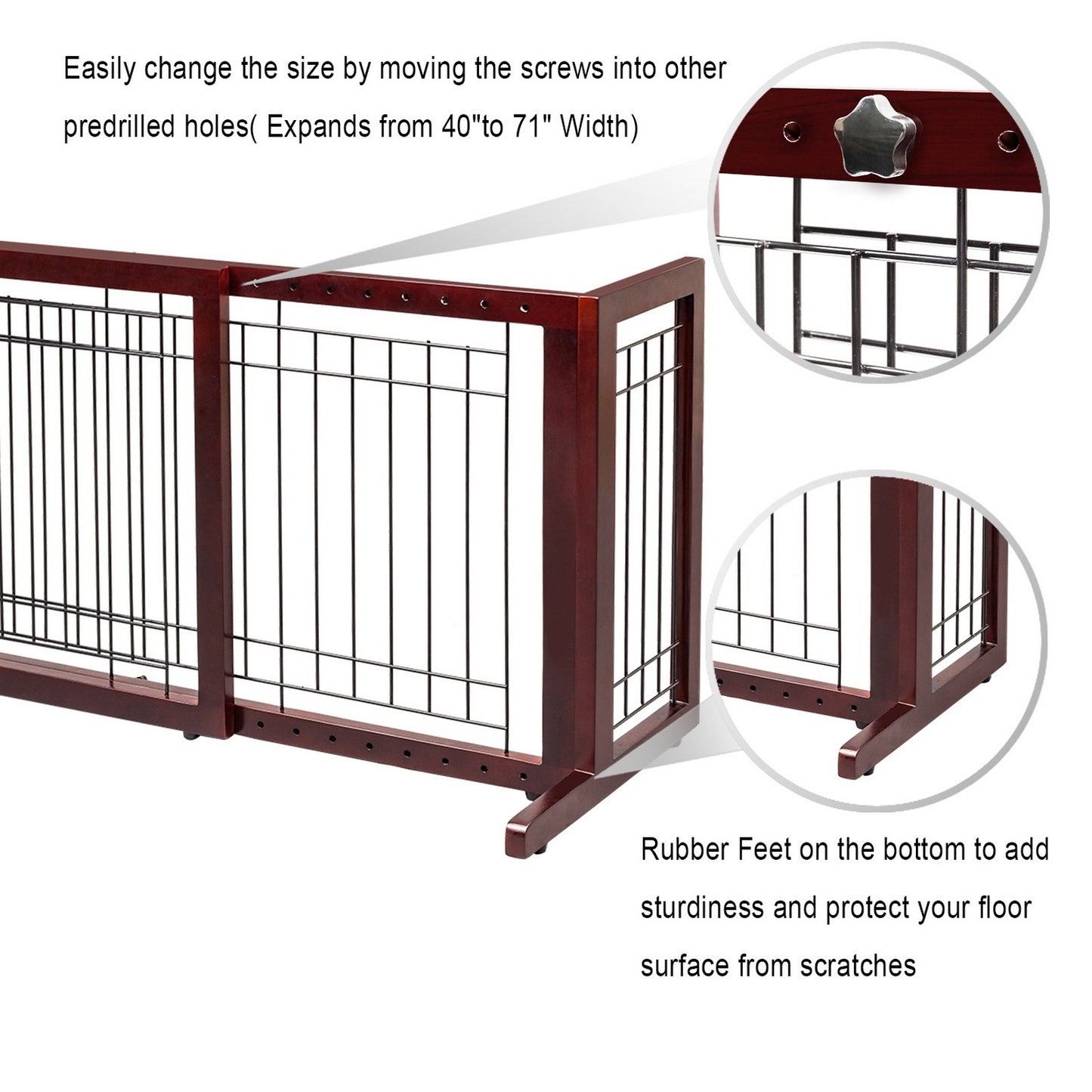 Freestanding Pet Gate for Dogs & Cats – Solid Wood Dog Gate for House, Adjustable 40" to 71" Wide, Indoor Dog Fence for Doorways Stairs