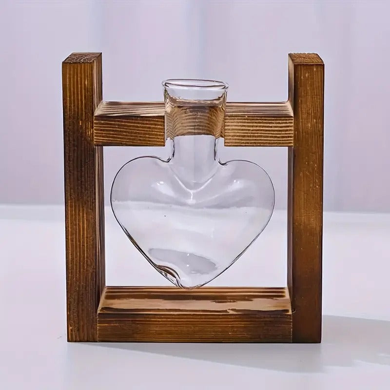 Hydroponic Flower Vase with Wooden Frame Heart-Shaped Pine Glass Bottle for Living Room Desk Home Decor Holiday Gift Single/Double/Triple