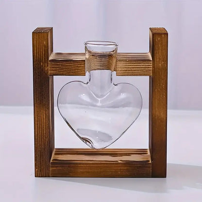 Hydroponic Flower Vase with Wooden Frame Heart-Shaped Pine Glass Bottle for Living Room Desk Home Decor Holiday Gift Single/Double/Triple