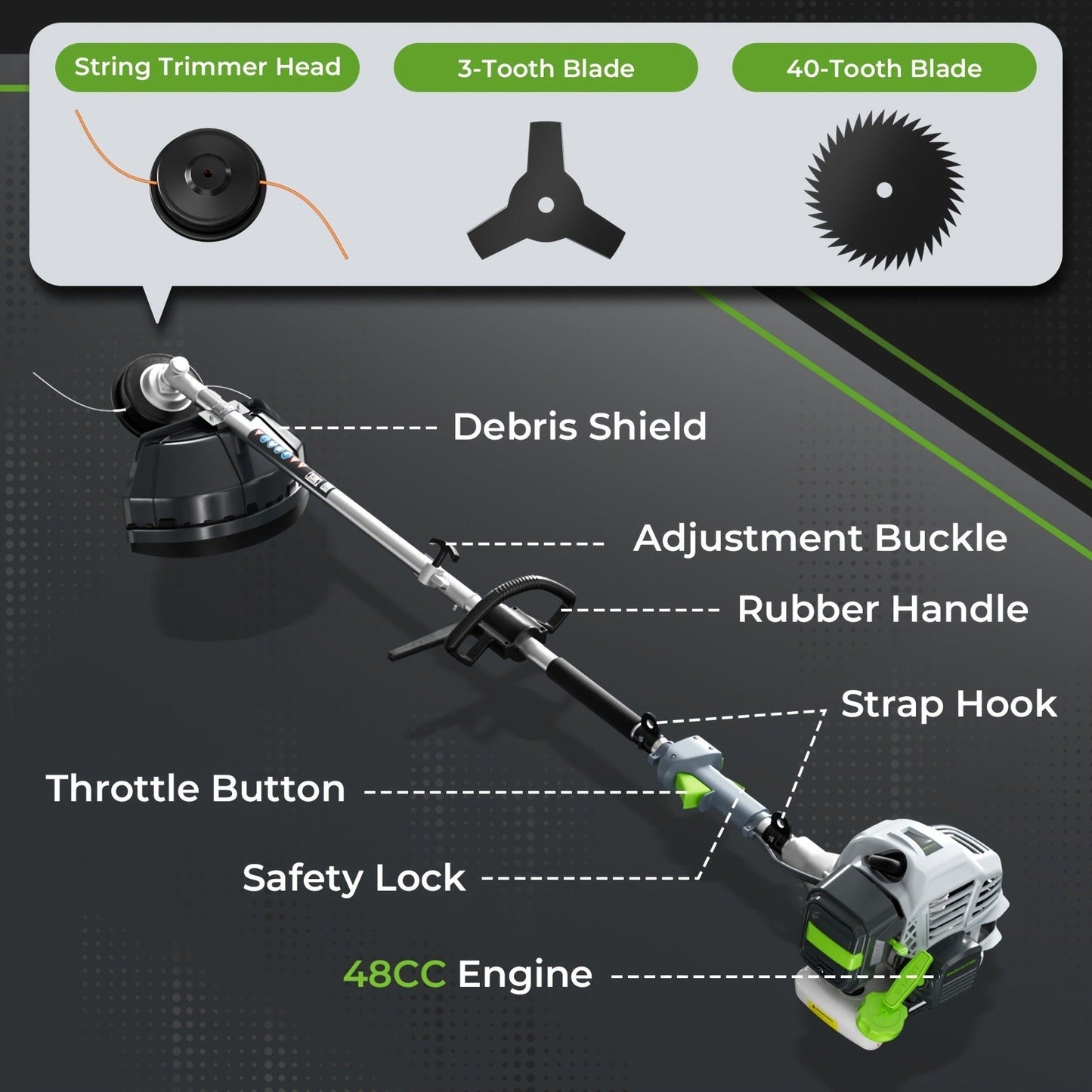 Gas String Trimmer 3-in-1, 36CC/48CC/52CC 2-Stroke Brush Cutter & Weed Wacker with String Head, 3T Blade & 40T Circular Blade